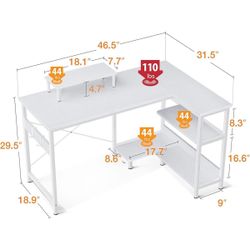 47 Inch Compact L Shaped Desk for Apartment, Living Room, Bedroom, or Office with Storage Shelves, Headphone Hook, and Monitor Stand, White
