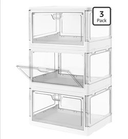 3-Pack Clear Stackable Storage Bins with Lids Magnetic Doors Open Front Foldable Folding Plastic Craft Containers Large Closet Organizers Box for Bedr