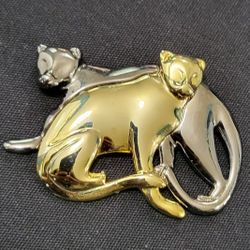 LC LIZ CLAIBORNE Signed Brooch, Pin, Accessory! Big Cat/Feline/Puma! Two Tone Gold & Silver Pair of Panthers! Save The Cats! Beautiful!