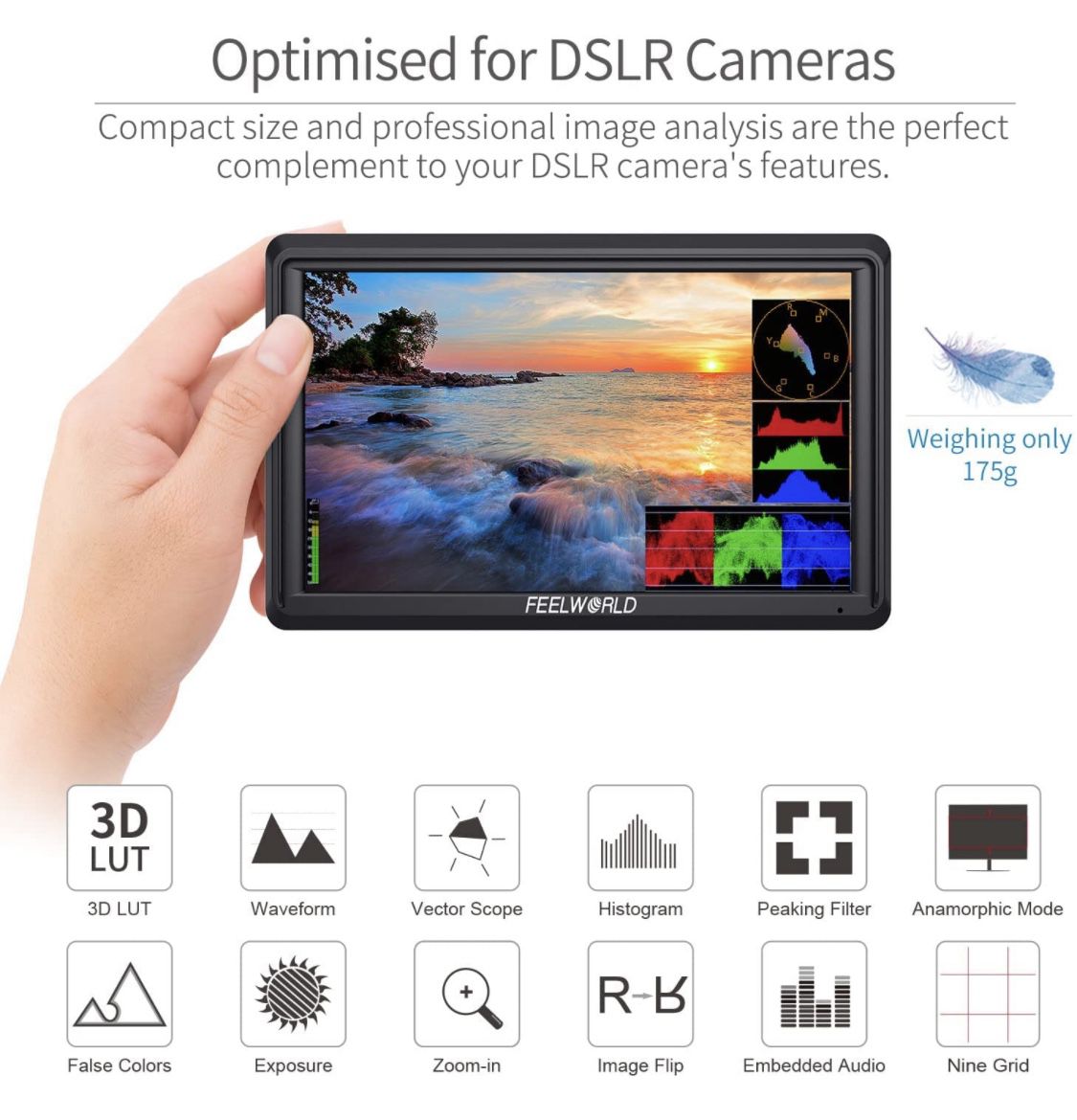 FEELWORLD FW568 V2 5.5 inch DSLR Camera Field Monitor with Waveform LUTs Video Peaking Focus Assist Small Full HD 1920x1152 IPS with 4K HDMI 8.4V DC I