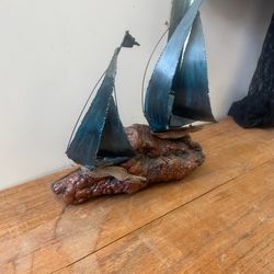 Vintage Ship Boat Brutality Burlwood Sculpture Nautical Decor 