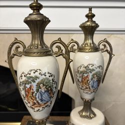 Pair of Vintage Porcelain, Gilt, Brass Urn 13”T