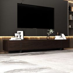 Black and Brown Wooden Grain TV Stand, Entertainment Center Fits TV's up to 90 in. with 4 with Door Shelves for Storage