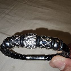 Leather & Stainless Steel Bracelet Mens 