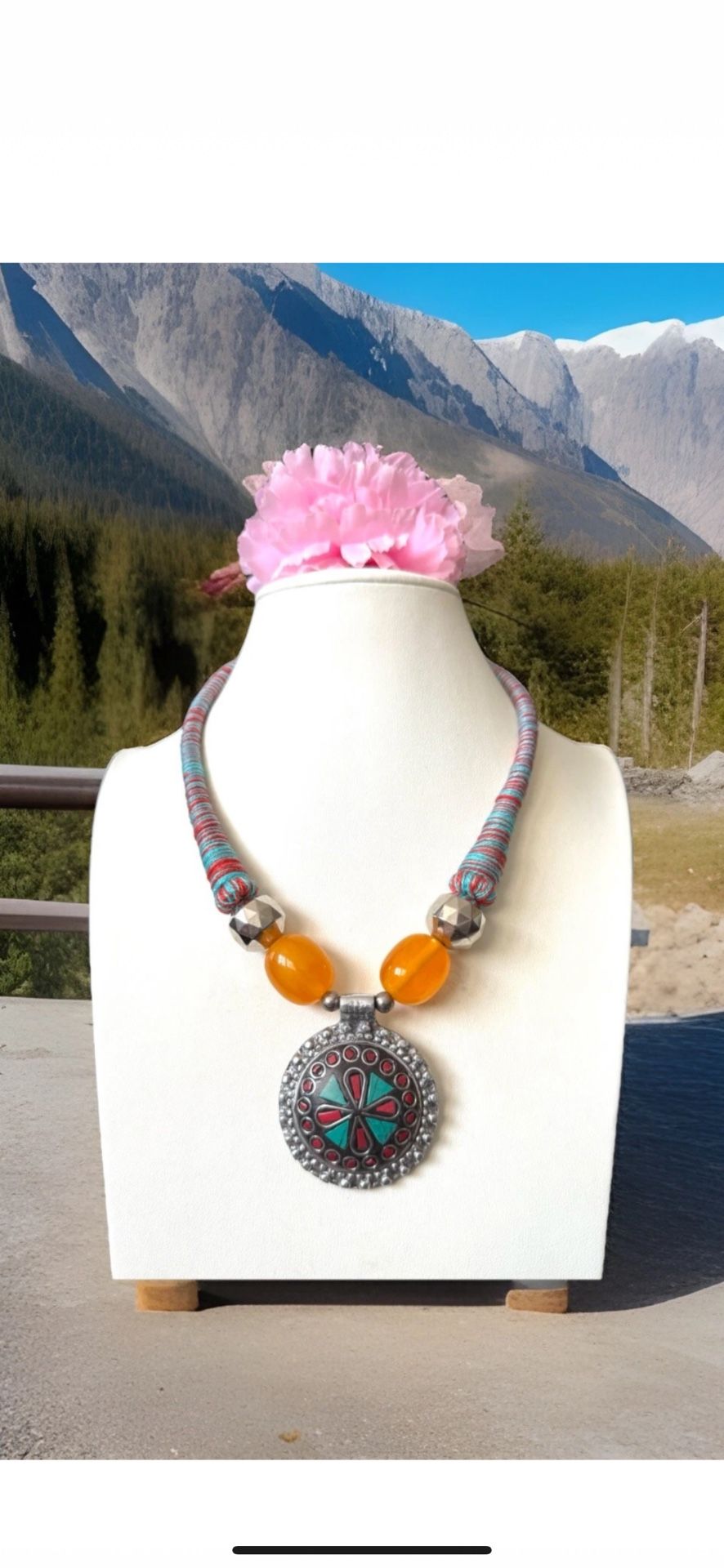 Vintage & Unique Ethnic Tribal Pendant Necklace With Amber & Inlay Stones Set In Silver 18”in & 86grams