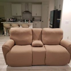 Super Plush Fabric Daul Recliner Sofa With Cup Holder