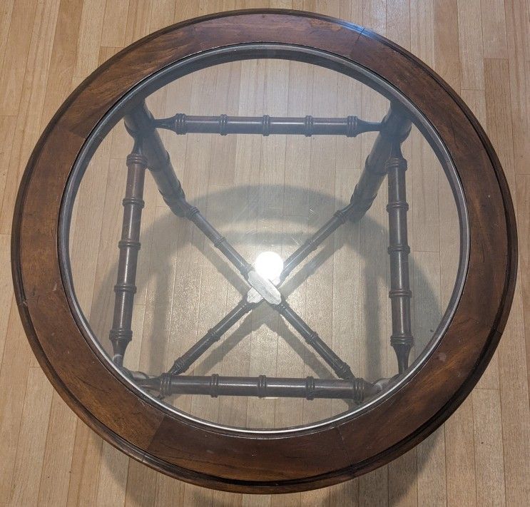Round Wood Glass Top Table