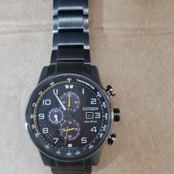 Men's CITIZEN Eco-Drive Solar Chronograph Black & Yellow Watch . Good Condition and Working+Box.