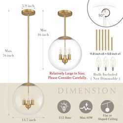 14" Globe Pendant Light Contemporary Globe Pendant Lights Kitchen Island 3 Light Gold Mid Century Pendant Light Clear Glass #1354GK1