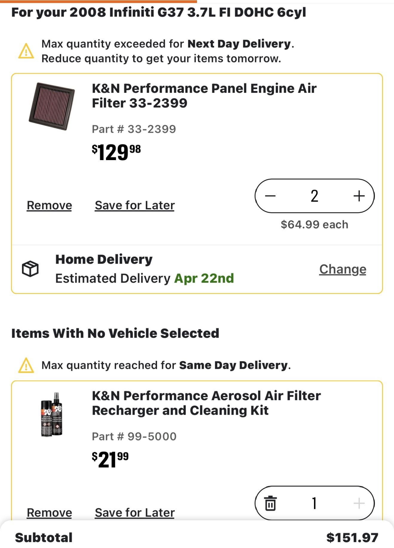 K&N POP IN FILTER FOR INFINITY G37 s