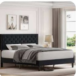 Queen Upholstered Platform Bed Frame  Button Tufted Suede Velour - Black S-32