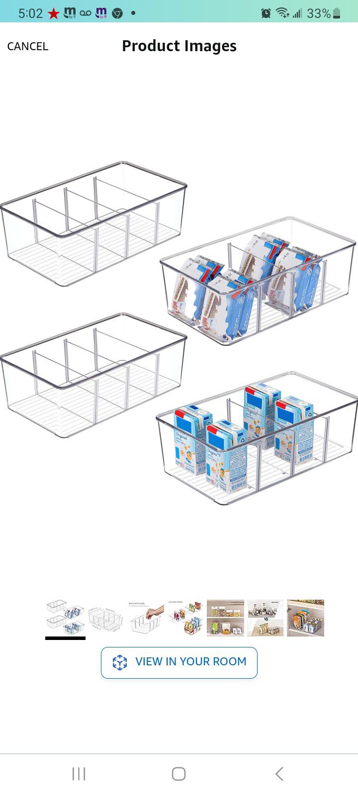 4 Pack Food Storage Organizer Bins, Clear Plastic Bins for Pantry, Kitchen, Fridge, Cabinet Organization and Storage, Compartment Holder Packets, Snac