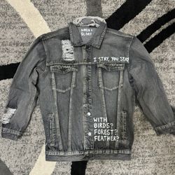 RARE Wren + Glory Denim Jean jacket bomber distressed Gray White hand painted Small