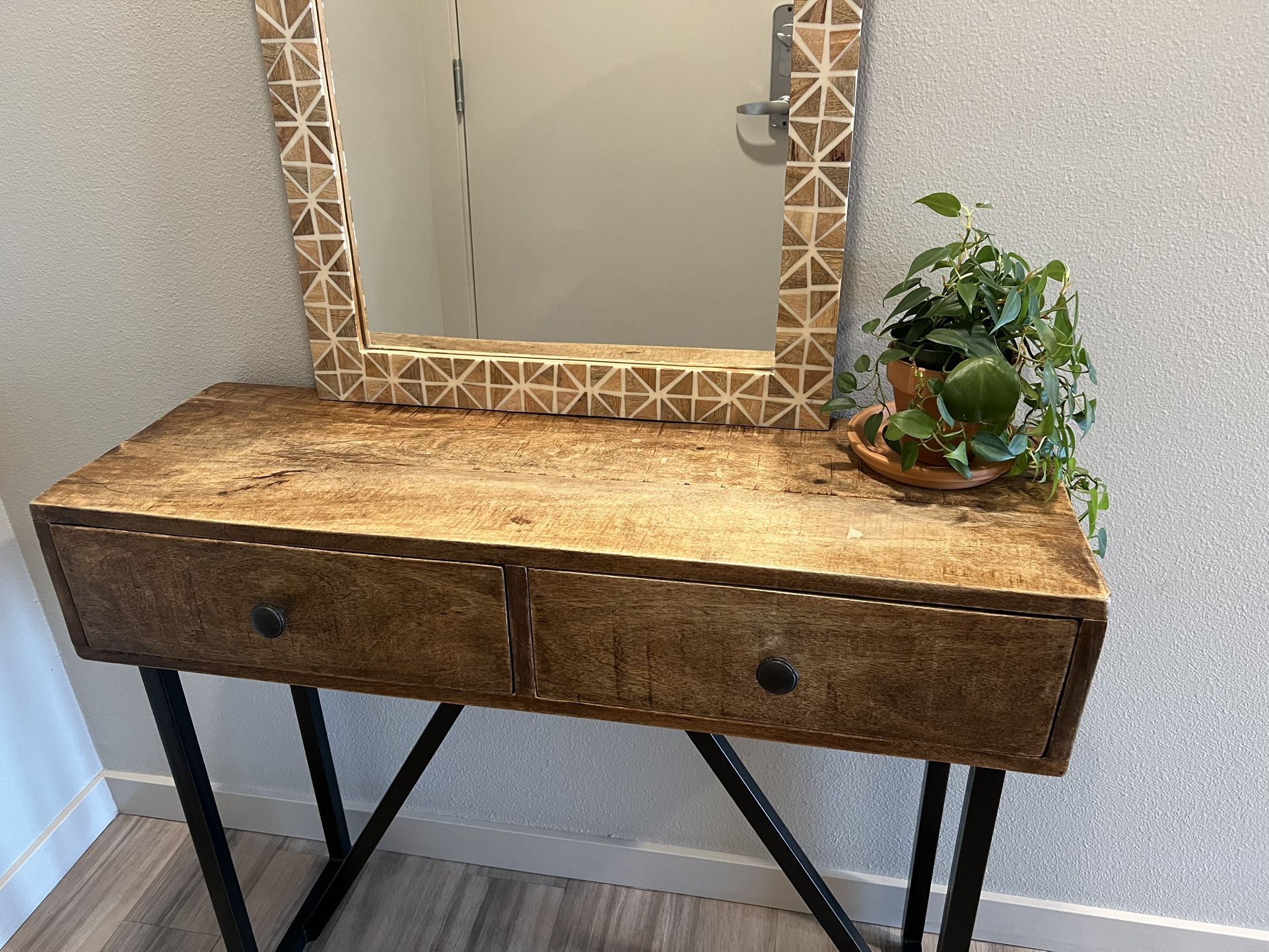 HomeRoots 36" Natural and Black Solid Wood Distressed Frame Console Table With Storage