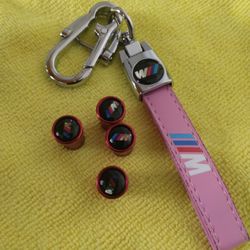 Genuine Leather BMW Keychain For Women Color Pink And Valve Caps For Tires $20.