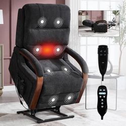 A8AB New Dual Motor Power Lift Recliner Sofa with Heat Massage and Solid Wood Armrests - Dark Brown
