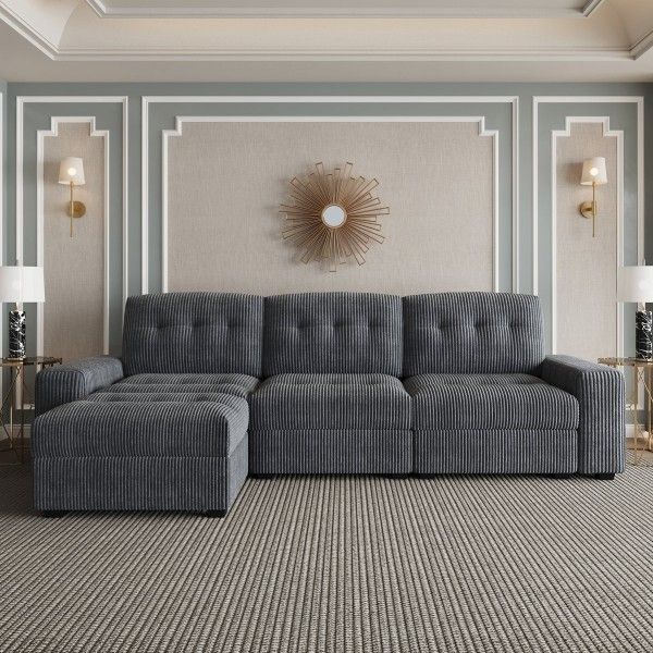 New Large 133.9" Gray Corduroy Tufted Wide 3 Seat Sofa & Ottoman on Solid Wood Frame