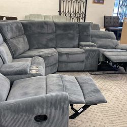 New Reclining Sectional.  Blue Grey Fabric.  116” X 116”.  Free Delivery!