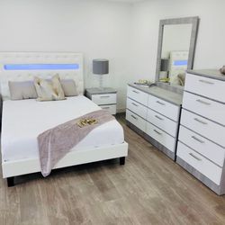 Queen LED Bed, No mattress, Dresser, Mirror, Chest And 2 Nightstands 