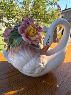 Ceramic Swan Figurine with Capodimonte Flowers