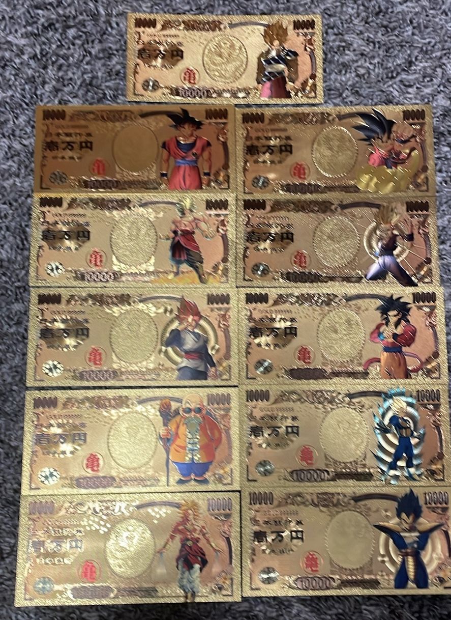 New 11 PCS Anime Dragon Ball Z Set Gold 24k Banknote Collectible Nippon Ginko, DBZ Carte Card