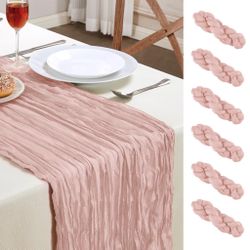 6 Pack Dusty Pink Mother’s Day Cheesecloth Table Runner 10FT Long Boho Gauze Table Runner Rustic Sheer Runner For Spring Wedding Bridal Baby Shower Bi