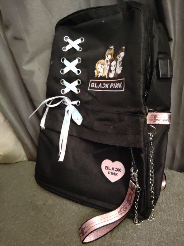 Black Pink Backpack W/ Keychain, Wallet Chain, USB And Headphone Jack Ports