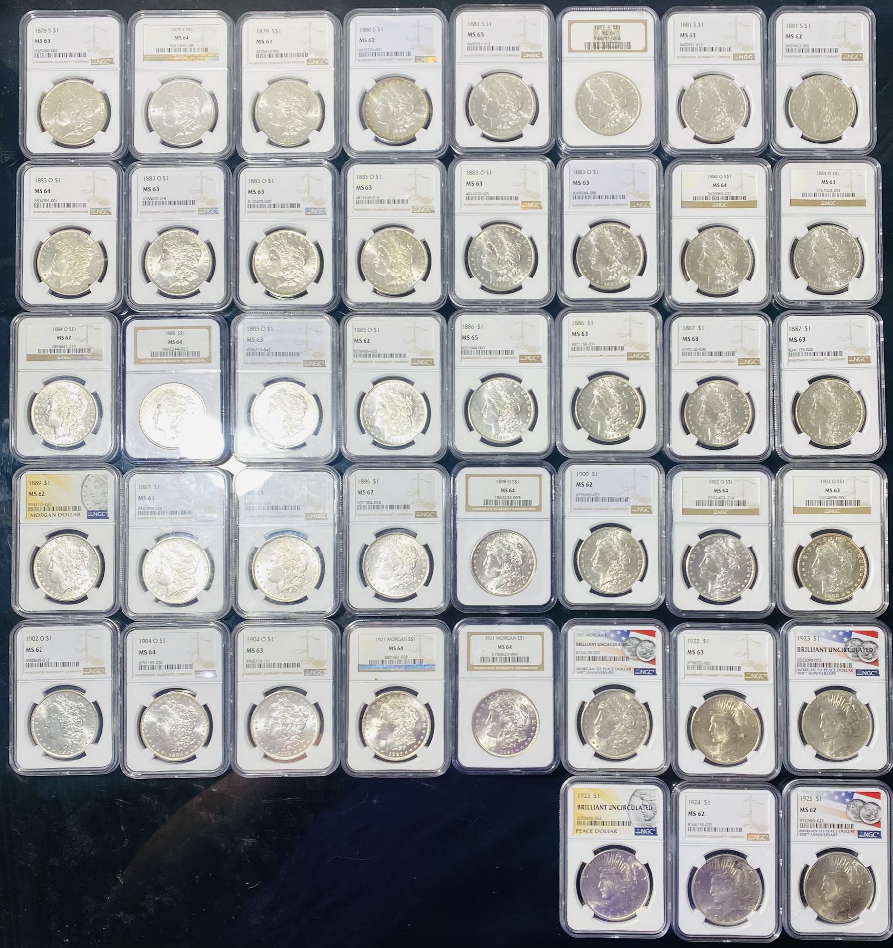 1878 to 1925 MORGAN & PEACE SILVER DOLLAR COINS (NGC-Graded), ALL MINT STATE