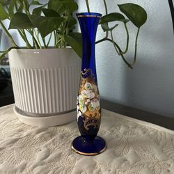 BLUE FOOTED BOHEMIAN GLASS VASE WITH GOLD OVERLAY