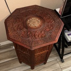 Antique Carved Redwood Hand Carved Octagonal Table