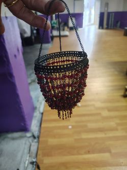 Vintage Boho Crimson Beaded Hanging Votive Holder / Mini Chandelier Shade