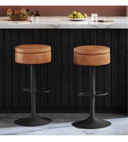 360° Swivel Bar Stools Set of 2, Height Adjustable, with Storage Mid-Century Modern Kitchen Bar, Synthetic Leather with Stitching, Easy Assembly, Cara
