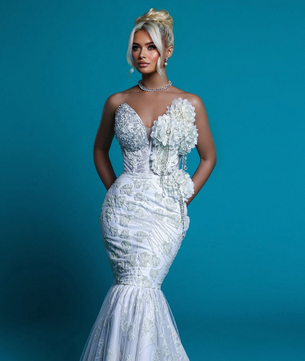 3D Floral Mermaid Wedding Gown – One Shoulder, White, Size