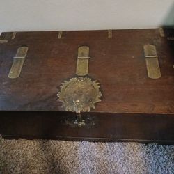 Antique Solid Wood Asian Trunk With Brass Fittings And Hardware