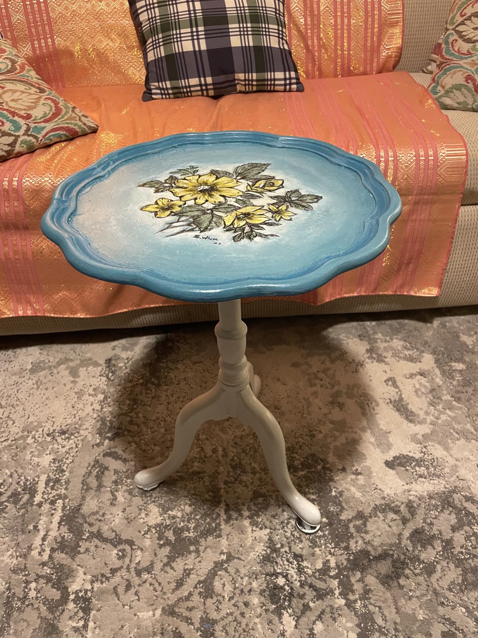 Scalloped Edged Pie Table Painted With Flowers
