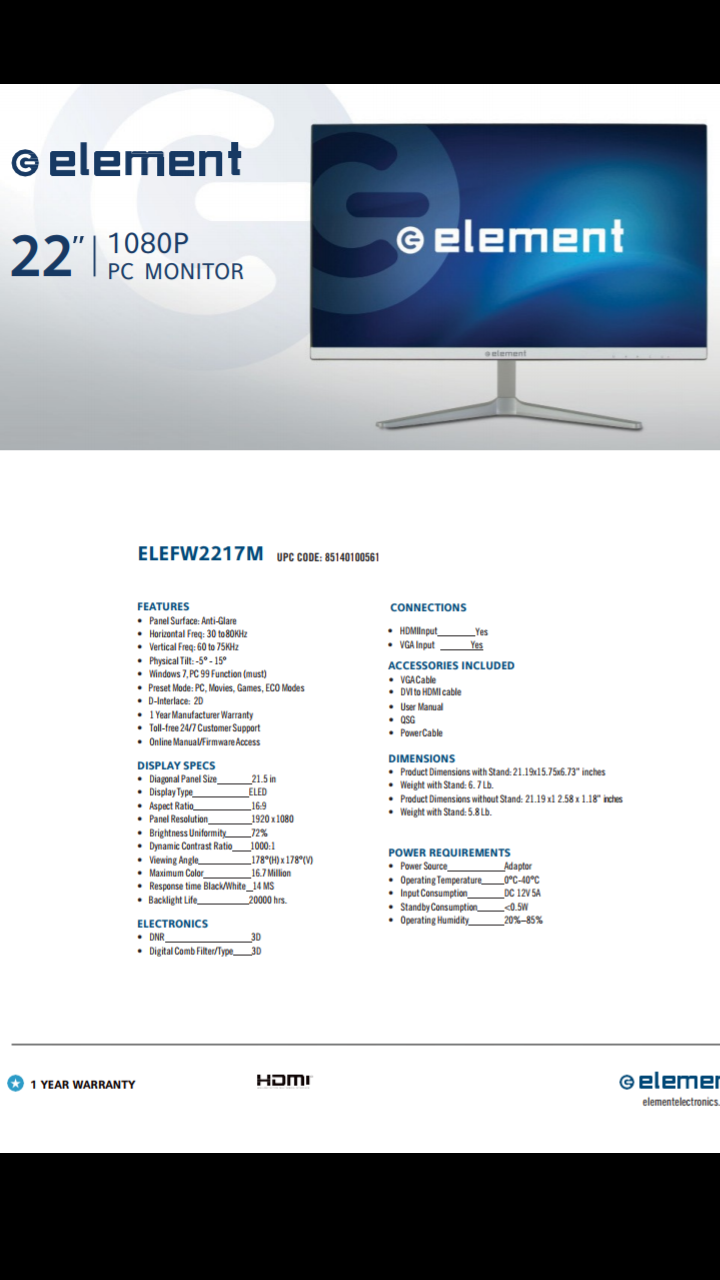 Element ELEFW2217M 22″1080p PLS LED Monitor