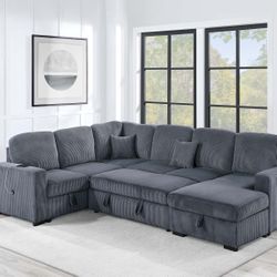 120” Plush Large Sectional Sofa Bed, Grey Sectional Sofa Bed, Sleeper Sofa, Couch, Sectional, Pull-out Bed Sofa Couch, Sleeper Sofa, Dark grey Couch. 