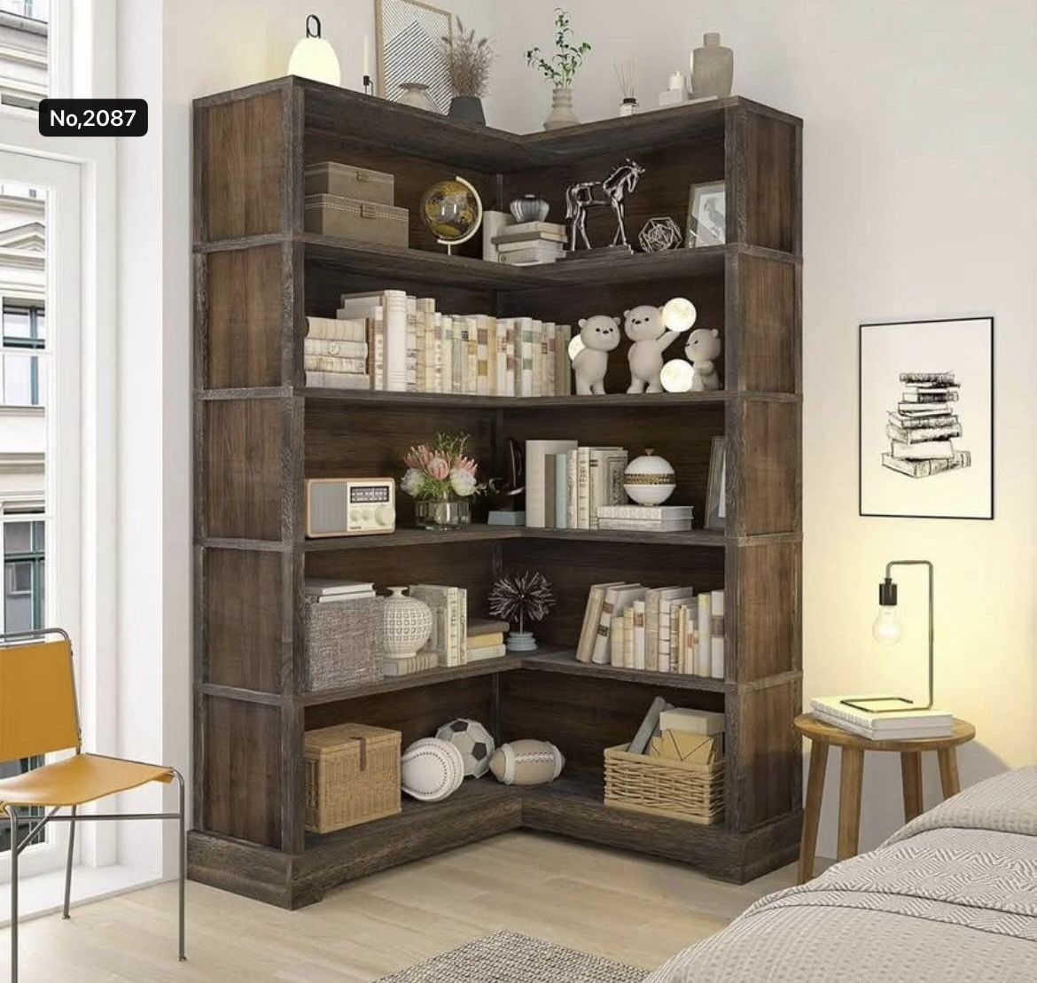 Wood Corner Book Shelf, 5 Tier 65 Inch Tall Bookshelf with Storage, Floor Standing Display Book Shelf for Living Room, Kitchen, Home Office, Rustic Br