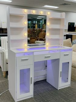 Fully Assembled✨Vanity Desk, Makeup Vanity Desk with Mirror and Lights 3 Colors, Transparent Top with 3 RGB Drawers, 6 Shelves, 2 Large Tempered Cabin