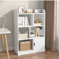 Brand New~ Kids White 4-Tier Bookcase Bookshelf with 6 Open Compartments & 1 Hidden Compartment, Freestanding Shelves,Cube Organizer Rack for Bedroom