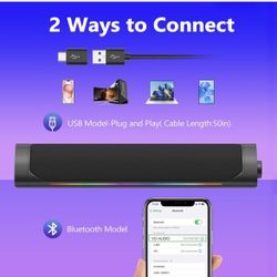 USB Computer Speakers for Desktop Monitor,Bluetooth PC Speakers with Headphone Output,2 Ways Connect USB Powered Wired Speakers for Windows,Linux,Mac 