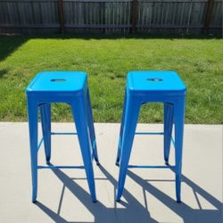 Set of 2 Blue Metal Stackable Bar Stools, 24" Counter Height