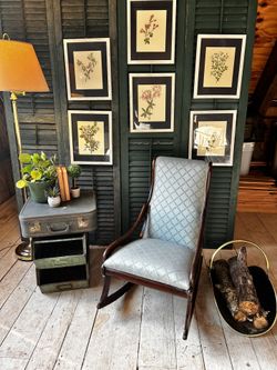 🪑 Antique Small Rocking Chair – Blue Crosshatch Fabric, Dark Wood Finish
