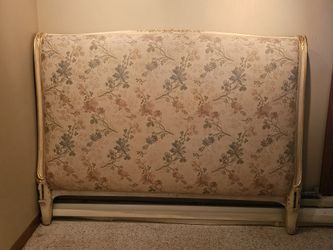 Antique Sleigh Style Luis XV Queen Bed - Off White Wood/Upholstered