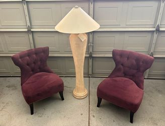 Set of 2 Abbyson Living Monica Pedersen 'Nicole' purple side chairs, featuring a distinctive tufted back and a high-back design and Vintage floor lamp
