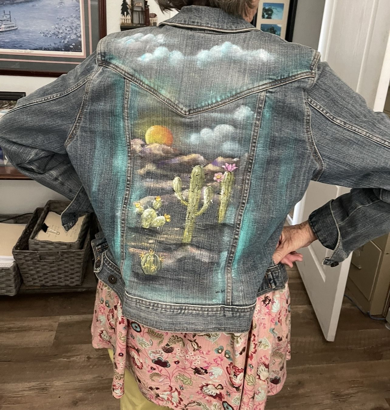 Hand Painted Desert Denim Jacket Size Lg