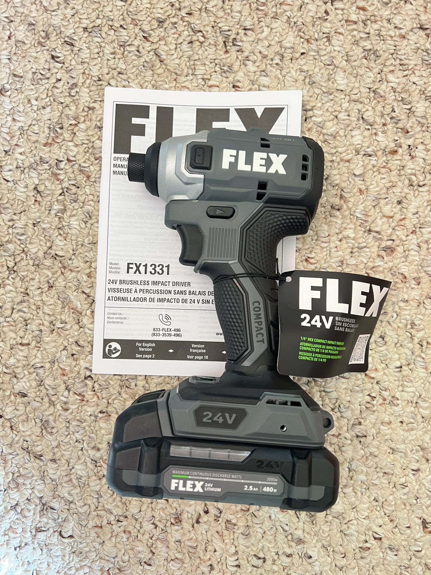 FLEX 24V Brushless Compact 1/4” Hex 3-speed Mode Impact Driver & 2.5Ah Charger