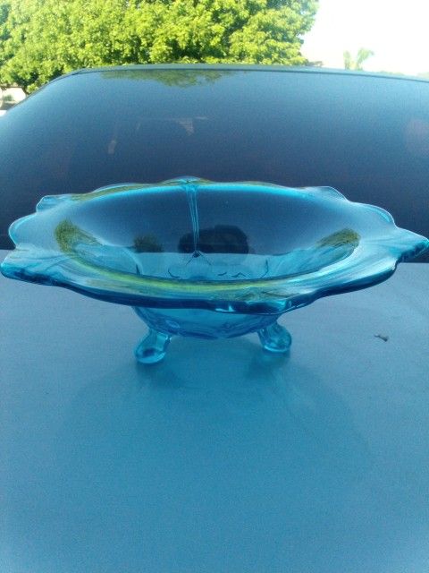 Antique Glass Footed Bowl BLUE - Vintage Glassware Plate  