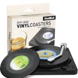 Retro Record Coasters for Drinks with Vinyl Player Holder for Music Lovers,Set of 6