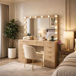 Vanity Desk 11 Drawers Fluted with Glass Top, 47" Makeup Vanity with Large Mirror and 12 LED Lights, Dressing Table with Power Outlet for Bedroom, Nat